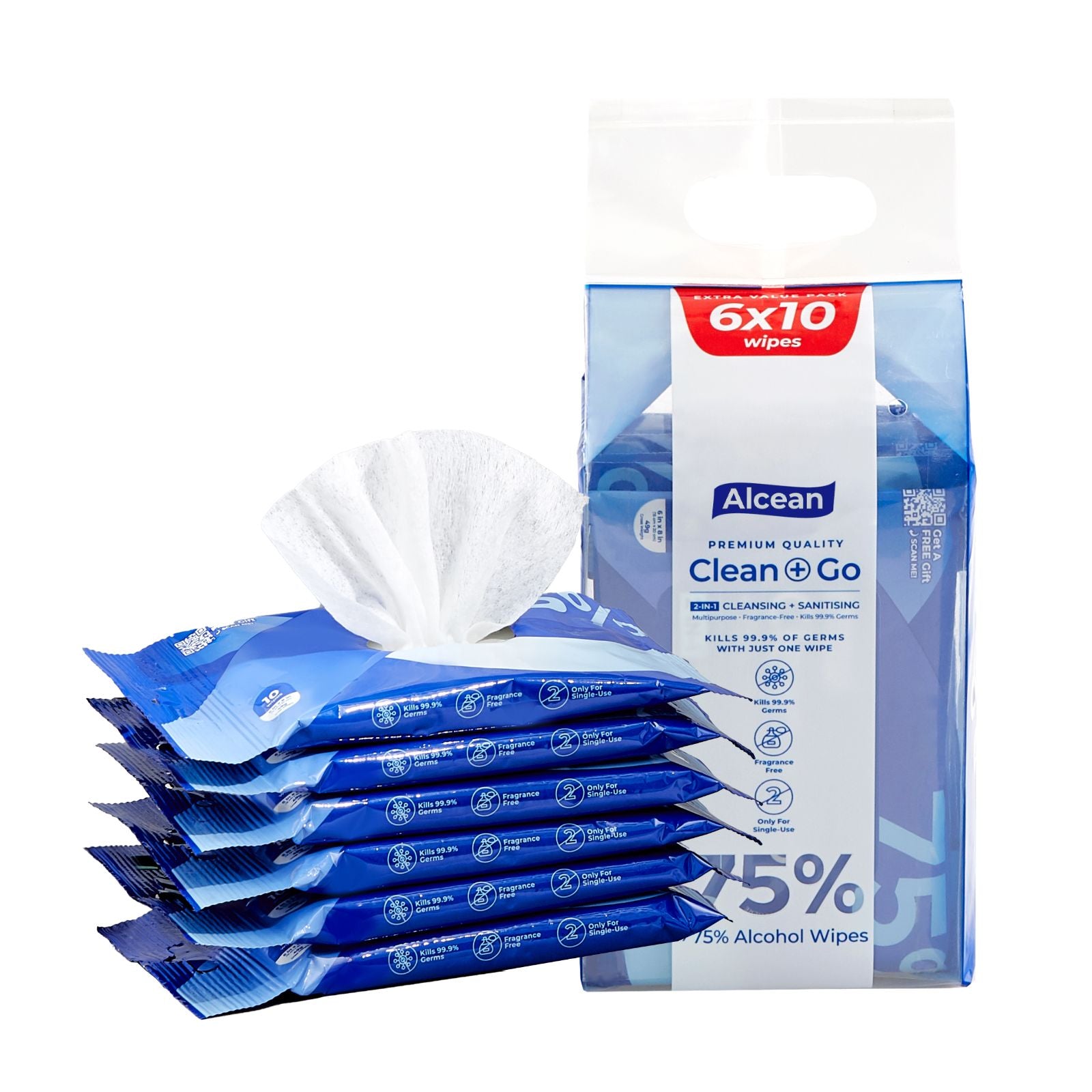 Alcean 10 wipes (Bundle of 6) - 75% Alcohol Classic Wipes